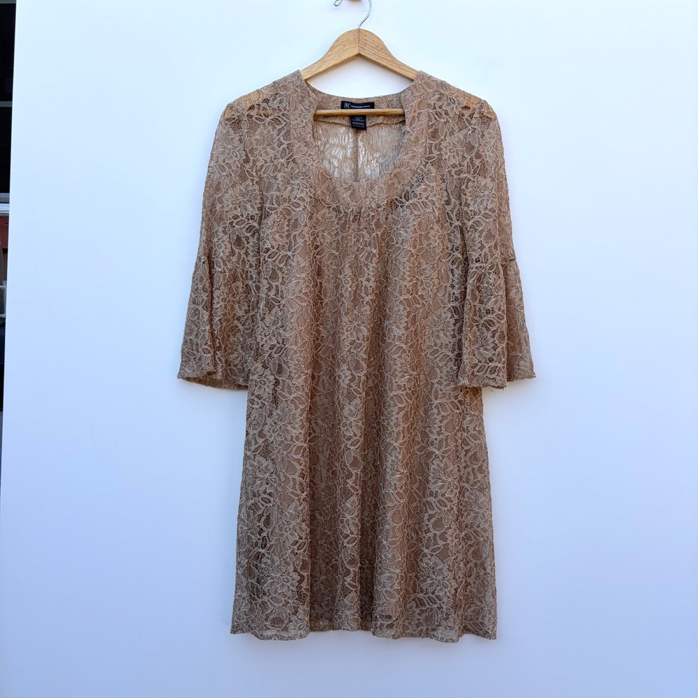 INC International Concepts Dress size 8 Tan Lace Floral‎ Bell Sleeve Shift